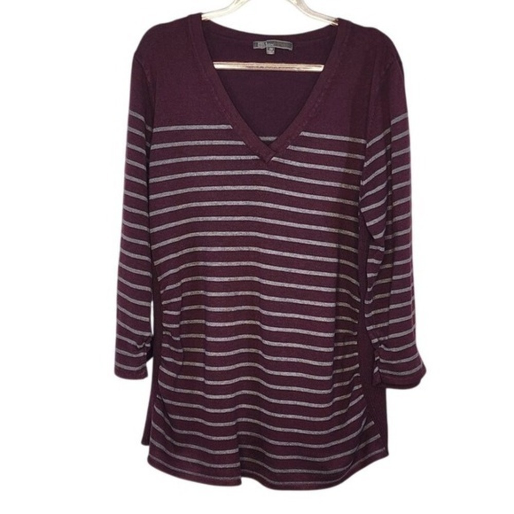Striped‎ Knit Top Burgundy Gray Long Sleeve Boat Neck Casual Everyday 2XL EUC